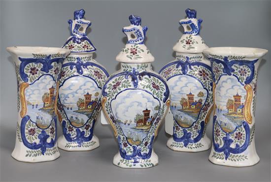 A set of three Delft polychrome-decorated jars and covers and a pair of similar vases, H 30cm (tallest)